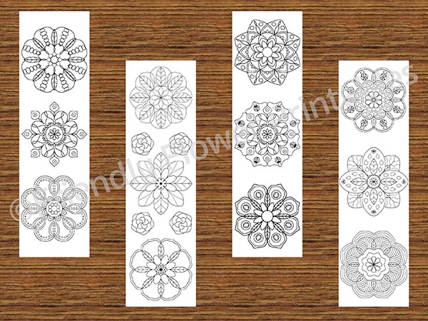 4 Hand Drawn Flower Mandala Bookmarks to Color - Image 3